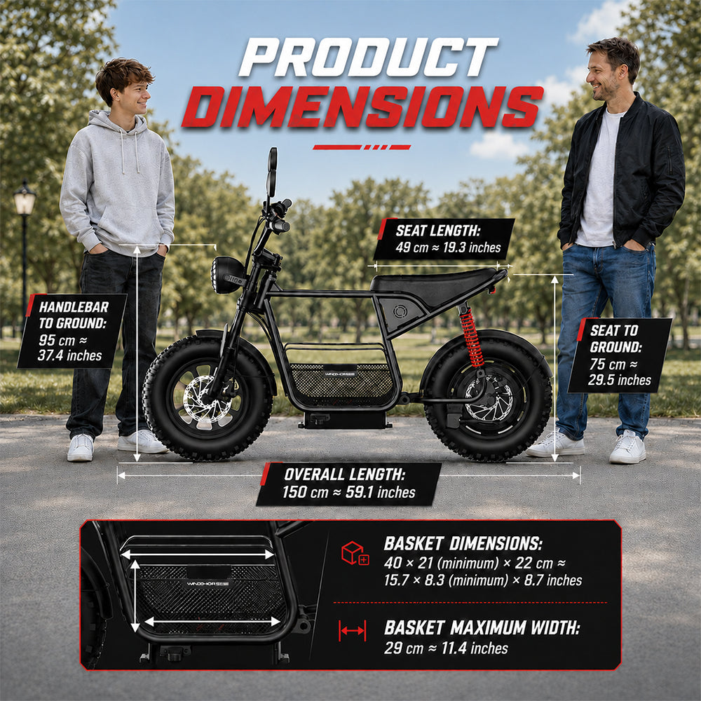 Electric scooter with product dimensions displayed on a road with trees in the background - windhorse d1