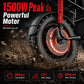 Close-up of an electric scooter wheel with '1500W Peak Powerful Motor' text and specifications - windhorse d1