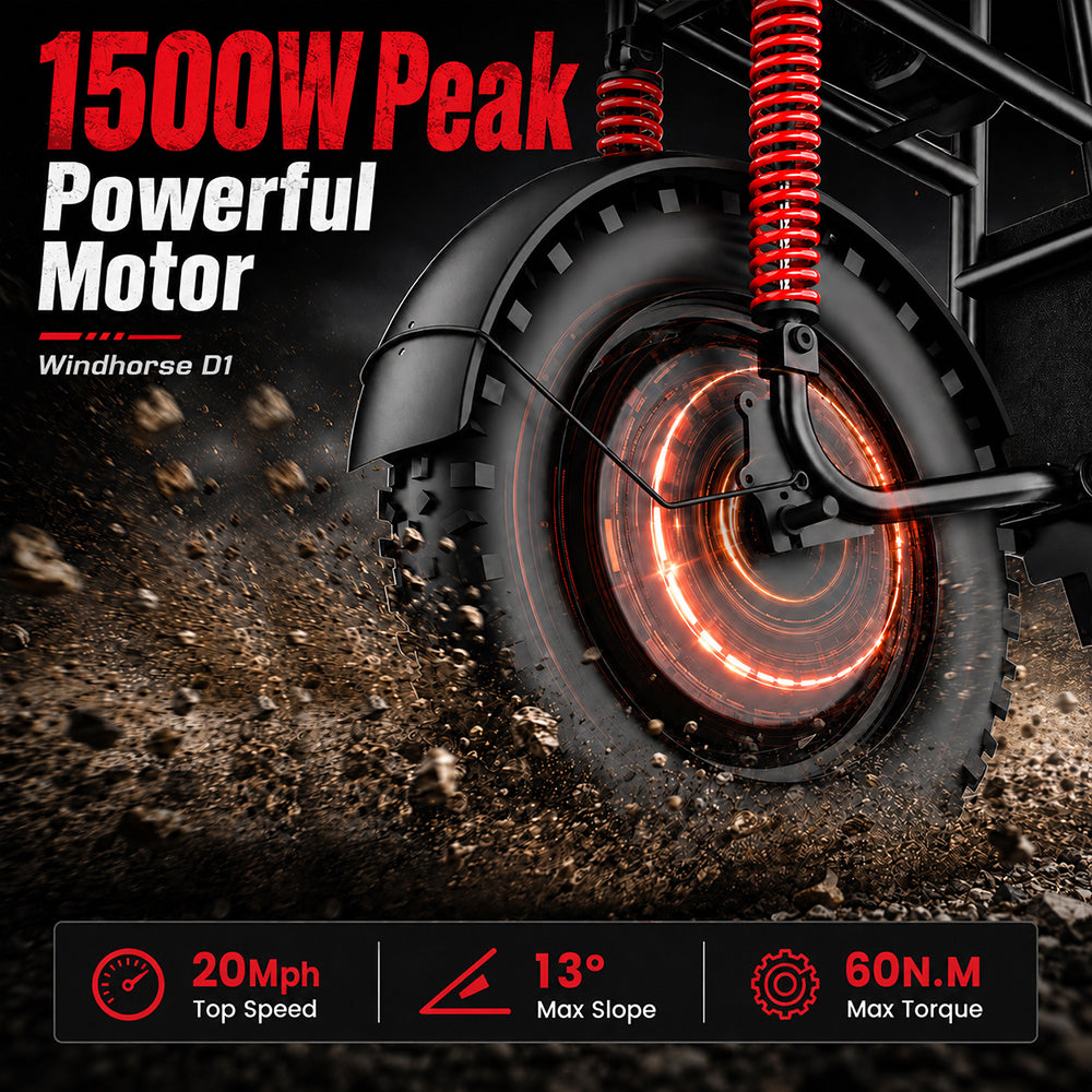 Close-up of an electric scooter wheel with '1500W Peak Powerful Motor' text and specifications - windhorse d1